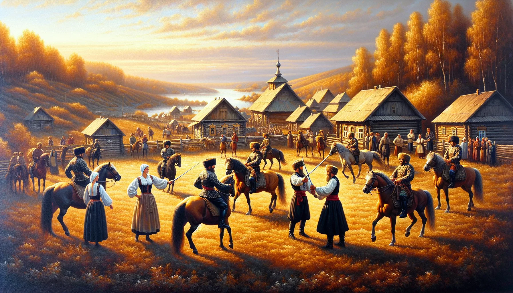 Village cosaque traditionnel avec ses maisons en bois et ses cavaliers