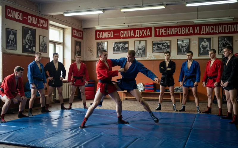 Demonstration de technique de projection au Sambo, saisie de la kurtka et fauchage